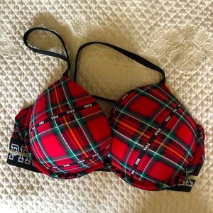 Pink Victoria’s Secret 32D plaid red push-up bra with padding.